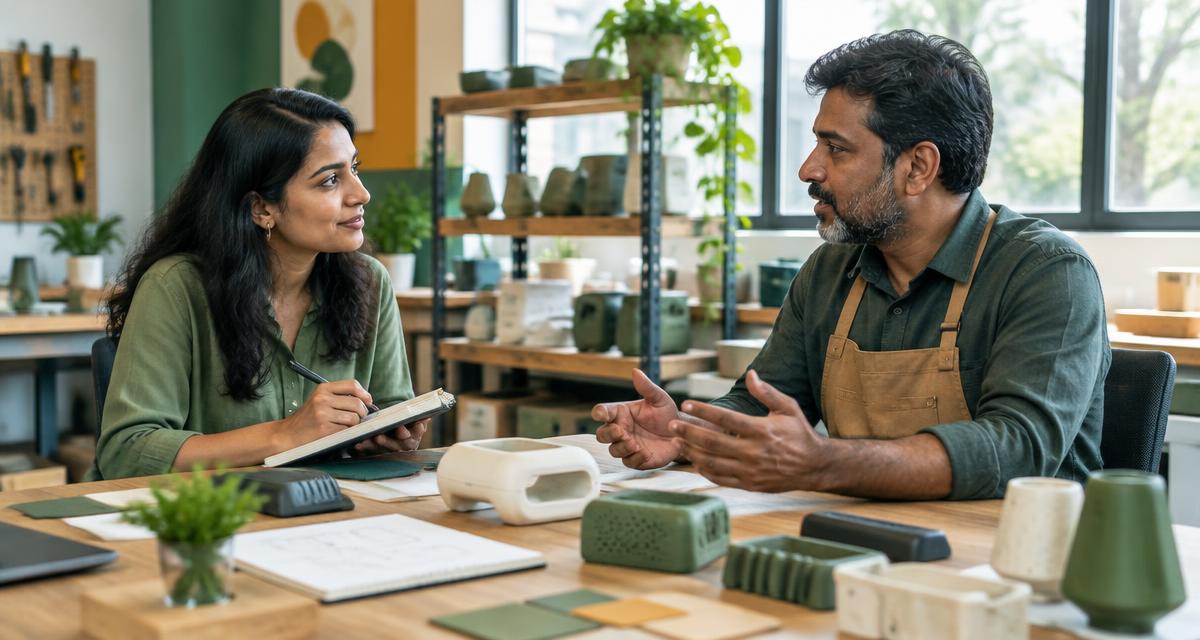 Illustration of an interviewer discussing a project with a workshop owner
