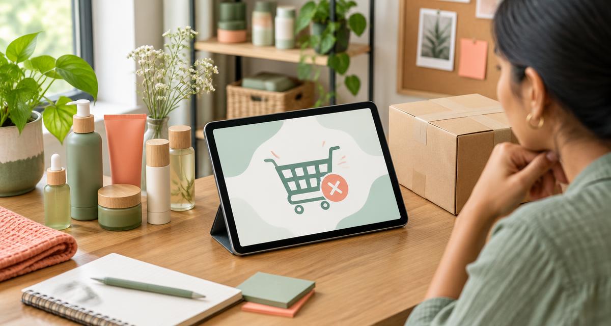 Illustration of a shop owner reviewing an abandoned basket beside skincare products