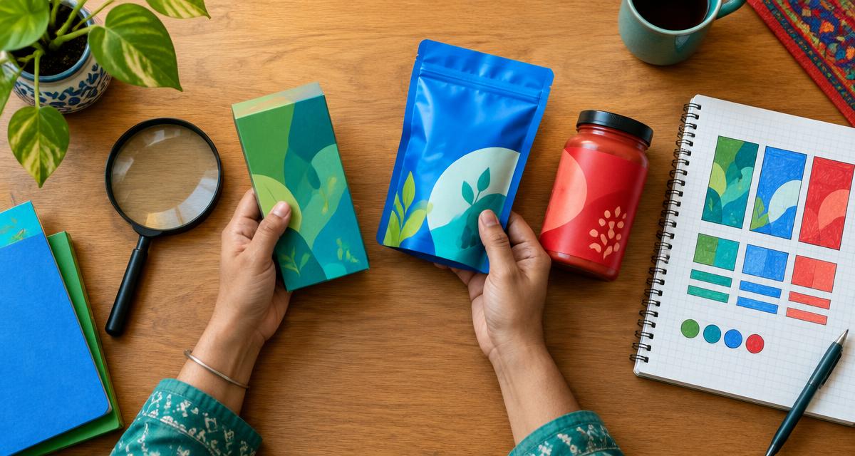Illustration of a researcher comparing product packaging and notes