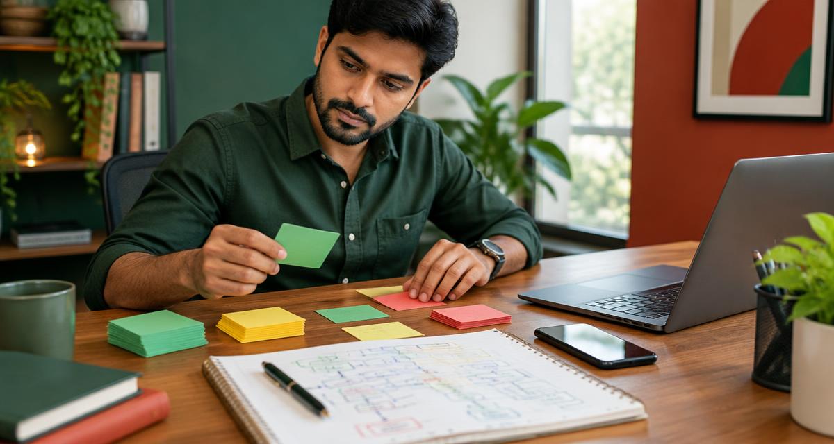 Illustration of a sales professional sorting enquiry cards