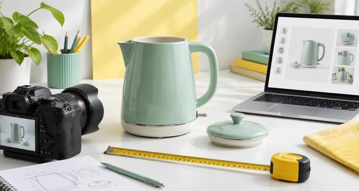Illustration of a kettle photographed beside product measurement tools