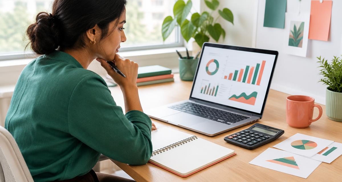 Illustration of a founder reviewing charts and a marketing worksheet